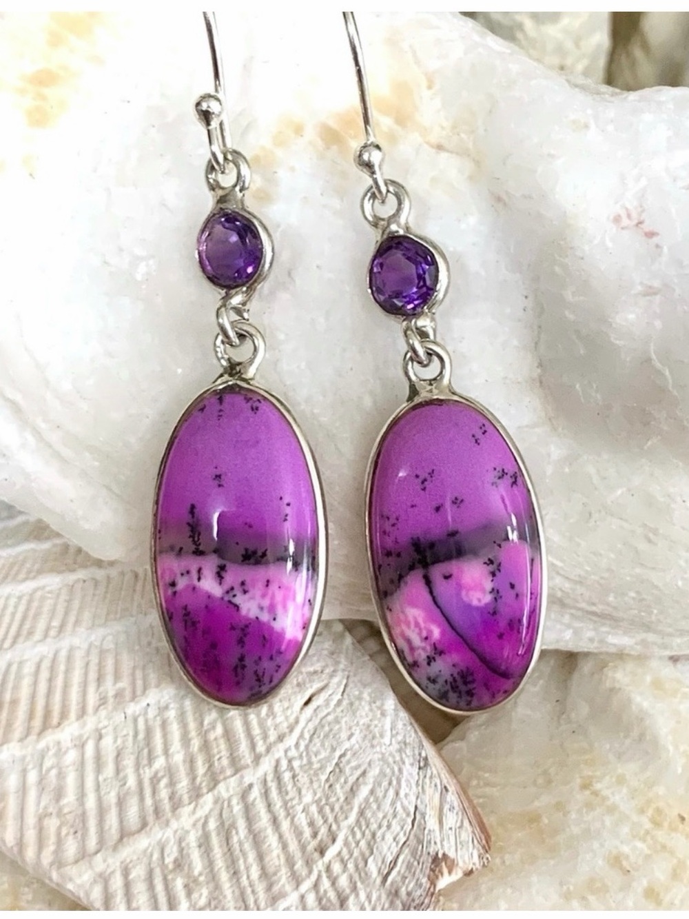 Purple Beach Sunset Scenic Dendritic Opal Sterling Silver Earrings